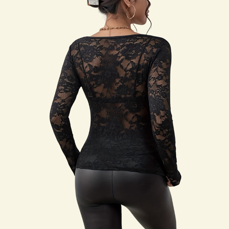 Damen Langarm Spitzenbluse mit V-Ausschnitt und gewellter Kante-Blouse for women-Alpenkind
