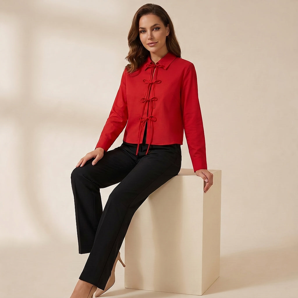 Damen-Langarmbluse mit Kragen und Schleifenverschlüssen-Blouse for women-Alpenkind
