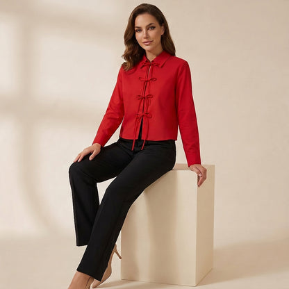 Damen-Langarmbluse mit Kragen und Schleifenverschlüssen-Blouse for women-Alpenkind
