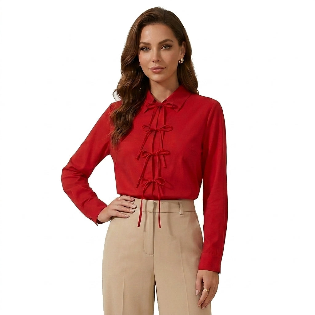 Damen-Langarmbluse mit Kragen und Schleifenverschlüssen-Blouse for women-Alpenkind