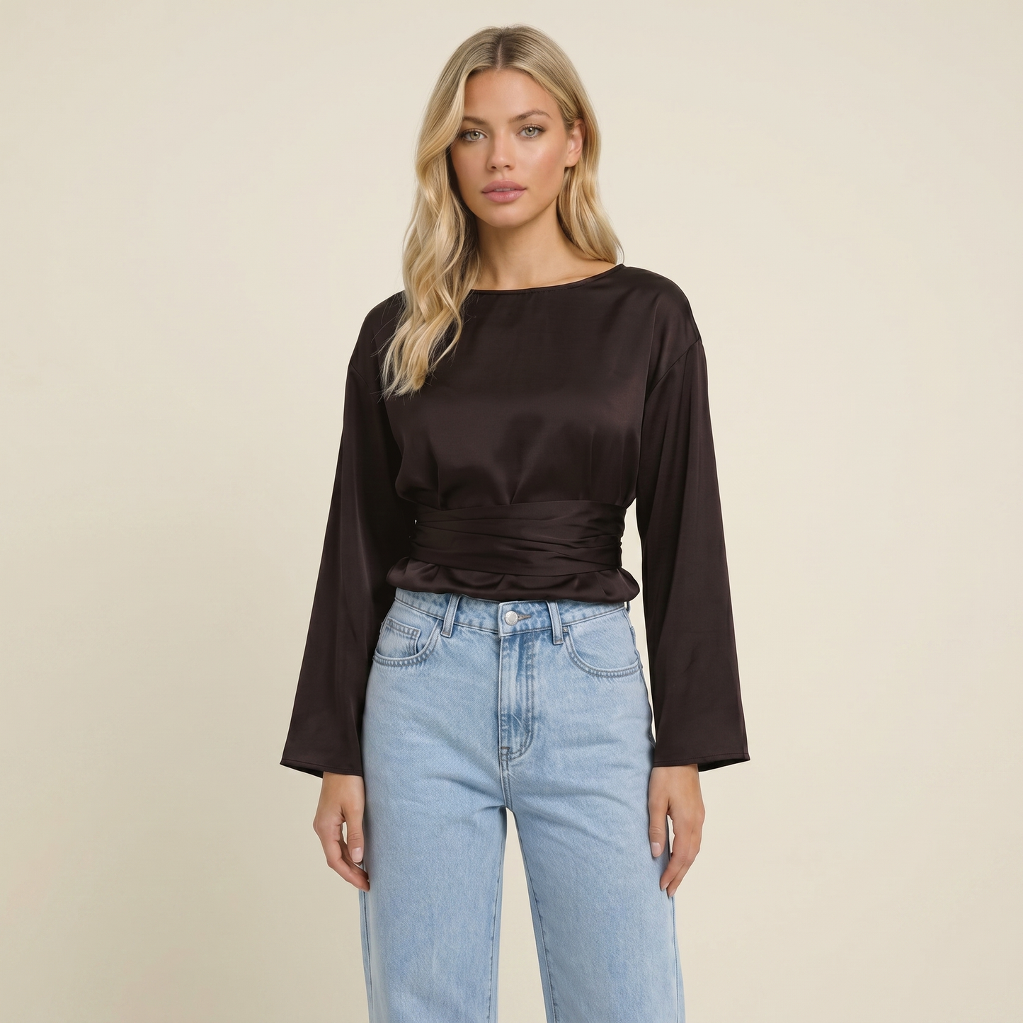 Damen-Langarmbluse mit U-Boot-Ausschnitt und Taillenbindung-Blouse for women-Alpenkind