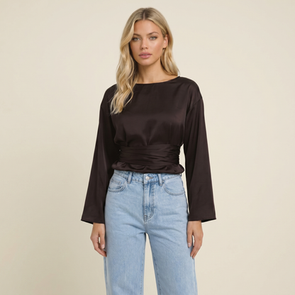 Damen-Langarmbluse mit U-Boot-Ausschnitt und Taillenbindung-Blouse for women-Alpenkind