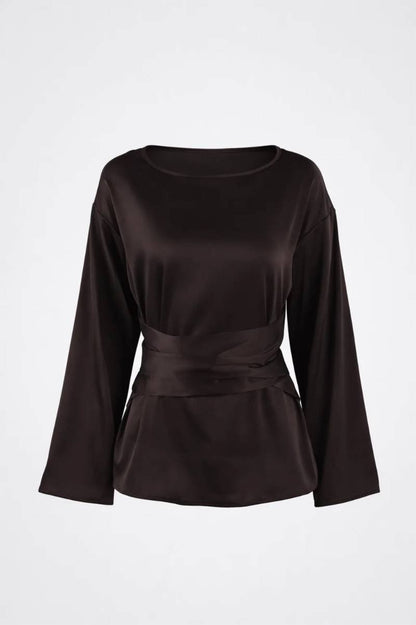 Damen-Langarmbluse mit U-Boot-Ausschnitt und Taillenbindung-Blouse for women-Alpenkind