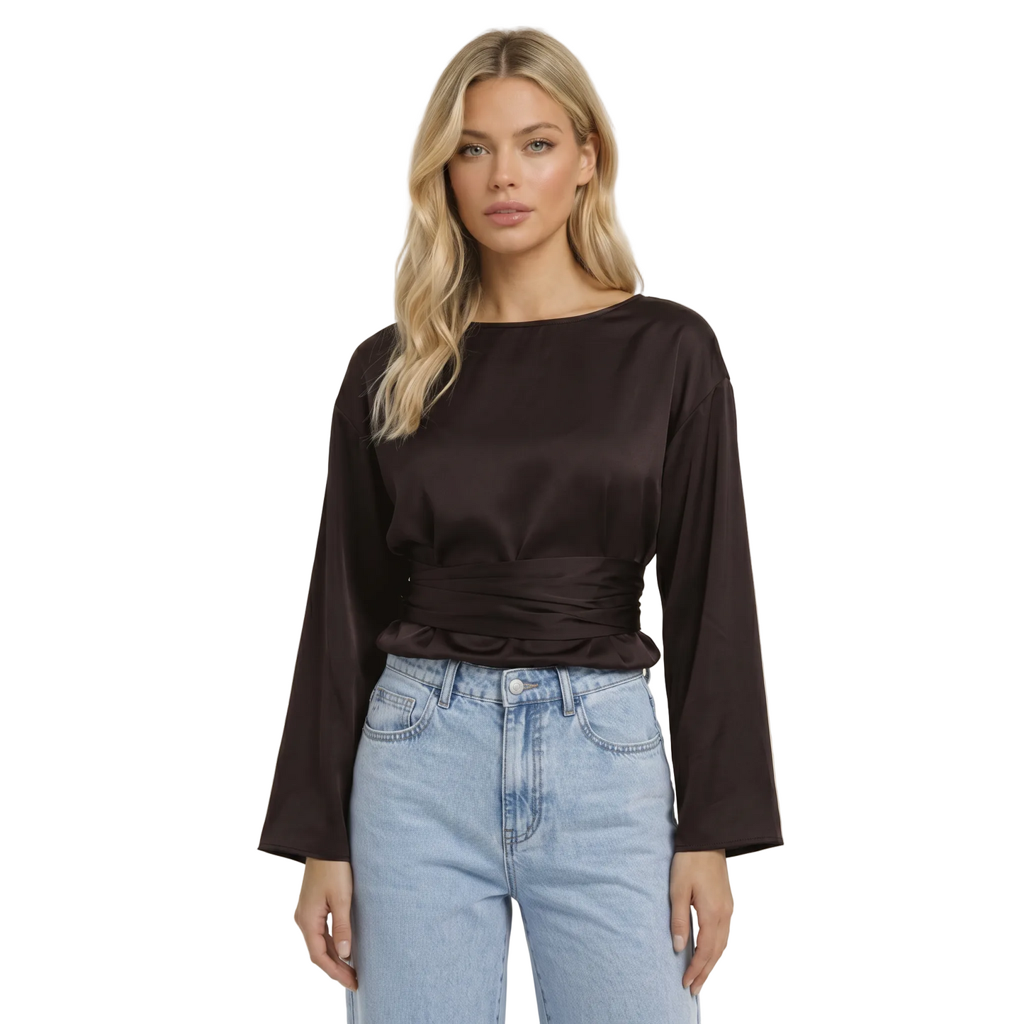 Damen-Langarmbluse mit U-Boot-Ausschnitt und Taillenbindung-Blouse for women-Alpenkind