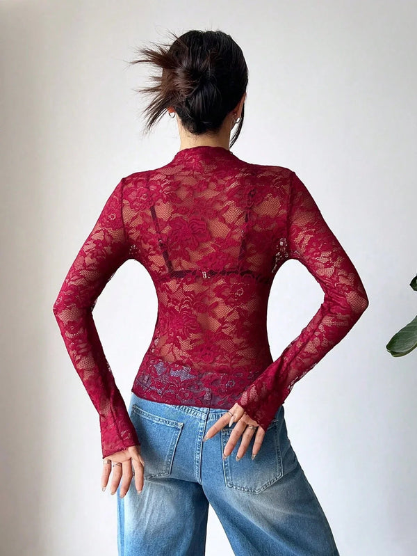 Damen Langarmshirt aus Spitze mit Stehkragen-Tops for women-Alpenkind
