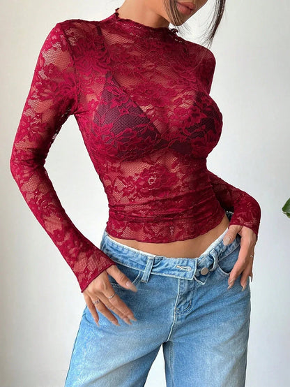 Damen Langarmshirt aus Spitze mit Stehkragen-Tops for women-Alpenkind