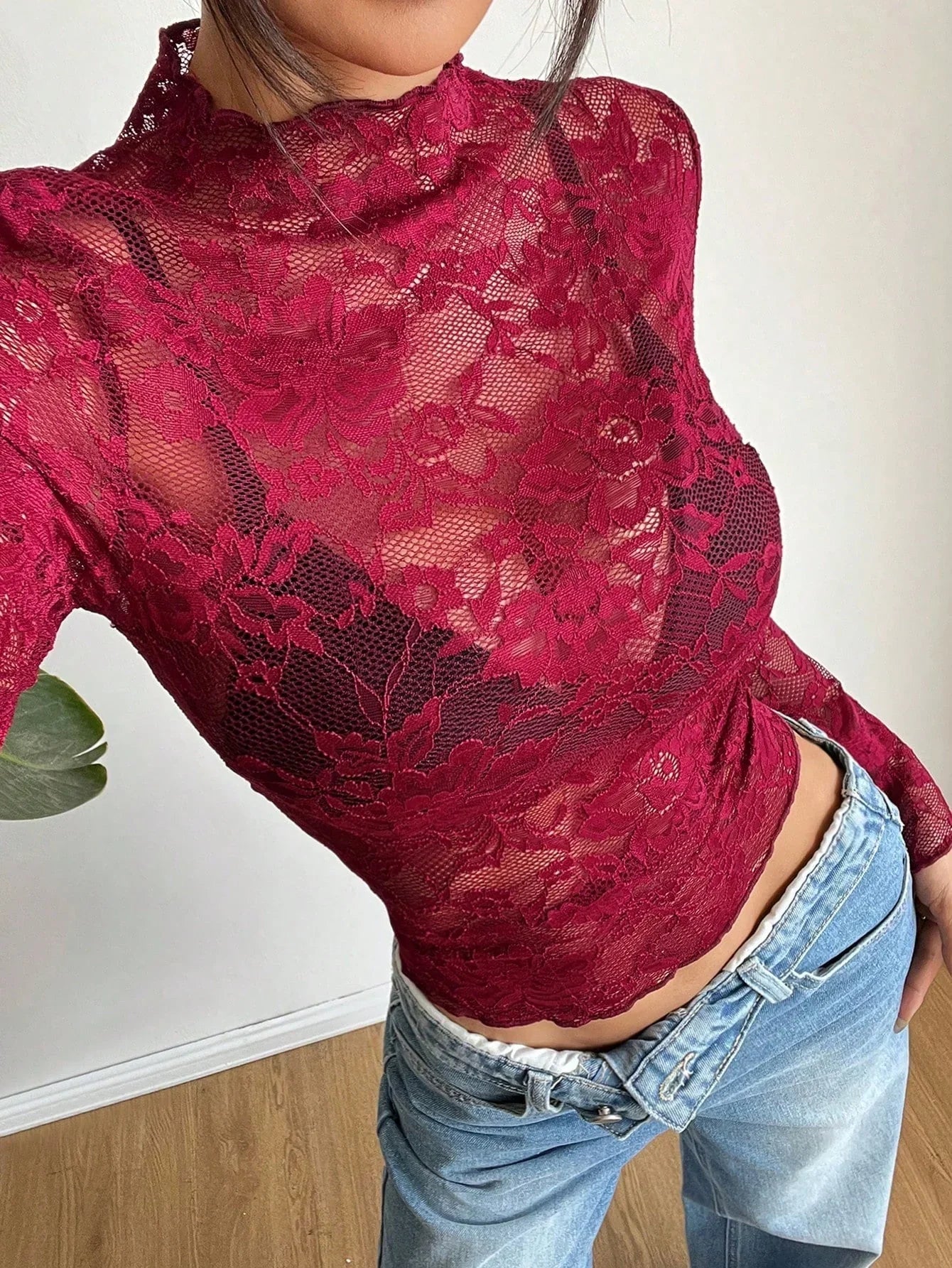 Damen Langarmshirt aus Spitze mit Stehkragen-Tops for women-Alpenkind