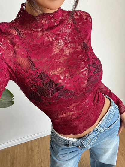 Damen Langarmshirt aus Spitze mit Stehkragen-Tops for women-Alpenkind