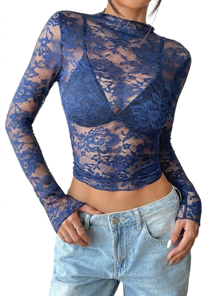 Damen Langarmshirt aus Spitze mit Stehkragen-Tops for women-Alpenkind