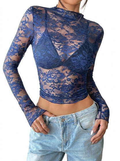 Damen Langarmshirt aus Spitze mit Stehkragen-Tops for women-Alpenkind