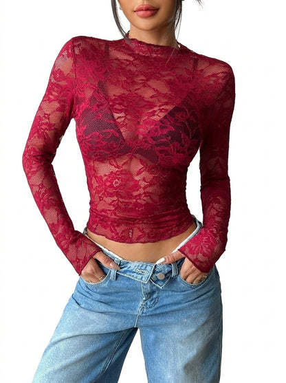 Damen Langarmshirt aus Spitze mit Stehkragen-Tops for women-Alpenkind