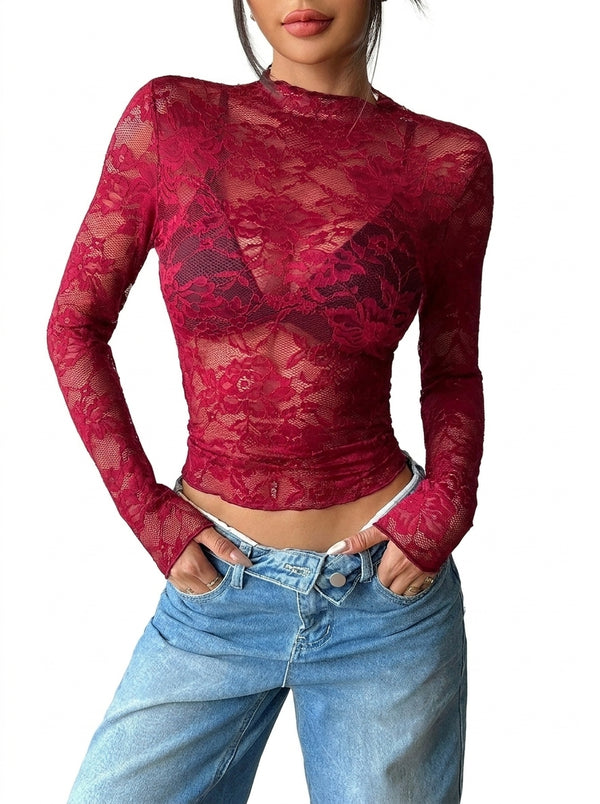 Damen Langarmshirt aus Spitze mit Stehkragen-Tops for women-Alpenkind