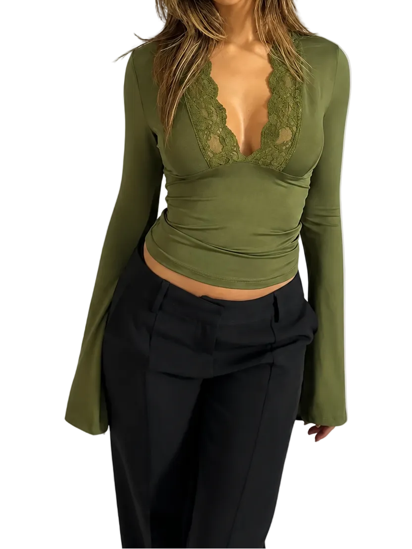 Damen Langarmtop mit V-Ausschnitt, Spitzeneinsatz und ausgestellten Ärmelenden-Tops for women-Alpenkind