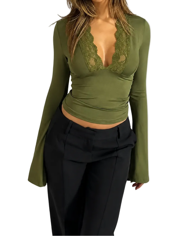 Damen Langarmtop mit V-Ausschnitt, Spitzeneinsatz und ausgestellten Ärmelenden-Tops for women-Alpenkind