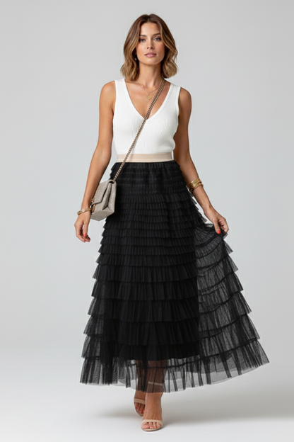 Damen langer Rock mit gestuften Mesh-Lagen und elastischem Bund-Skirt for women-Alpenkind