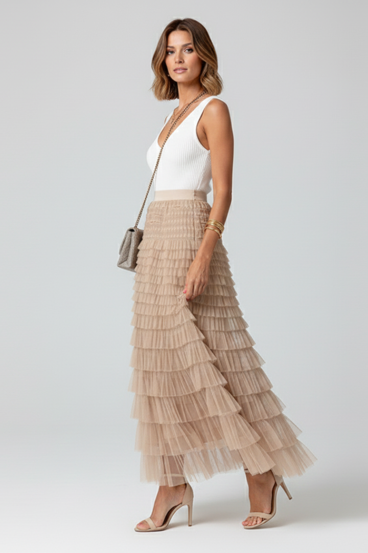 Damen langer Rock mit gestuften Mesh-Lagen und elastischem Bund-Skirt for women-Alpenkind