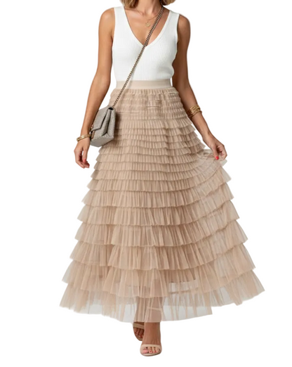 Damen langer Rock mit gestuften Mesh-Lagen und elastischem Bund-Skirt for women-Alpenkind