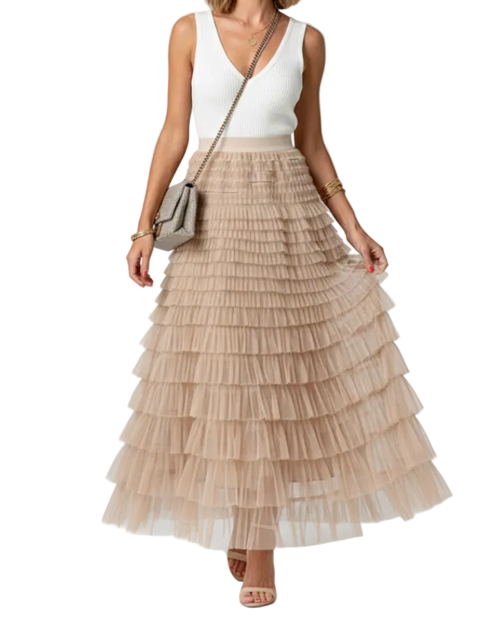Damen langer Rock mit gestuften Mesh-Lagen und elastischem Bund