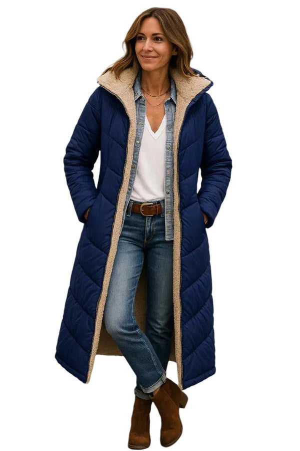 Damen Langer Steppmantel mit Kapuze und Innenfutter-Women Outerwear-Alpenkind
