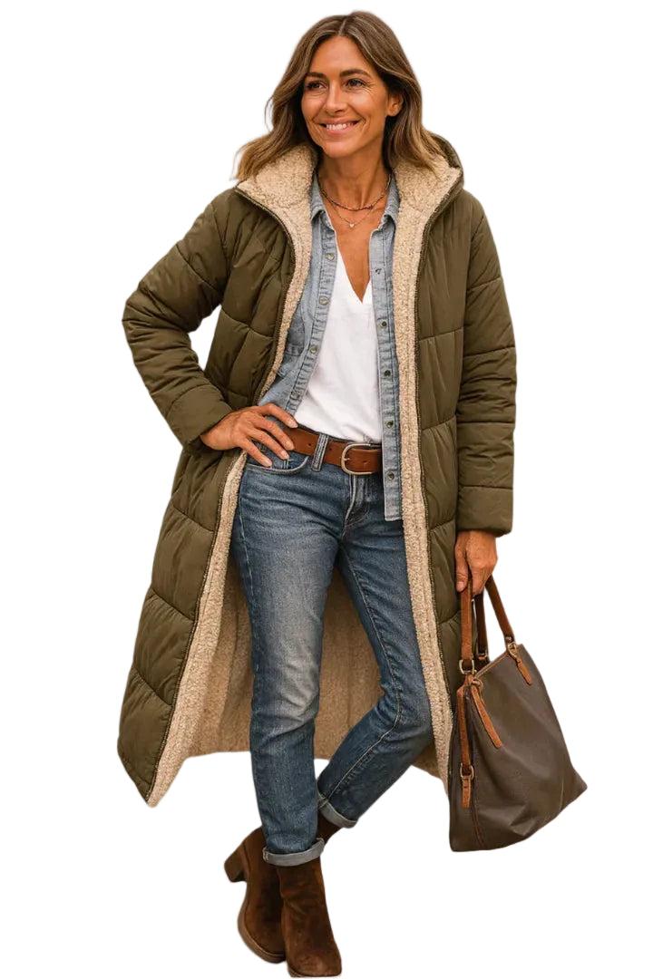 Damen Langer Steppmantel mit Kapuze und Innenfutter-Women Outerwear-Alpenkind