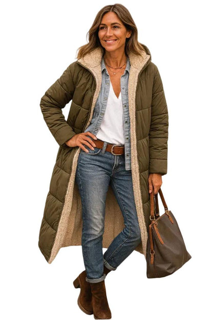 Damen Langer Steppmantel mit Kapuze und Innenfutter-Women Outerwear-Alpenkind