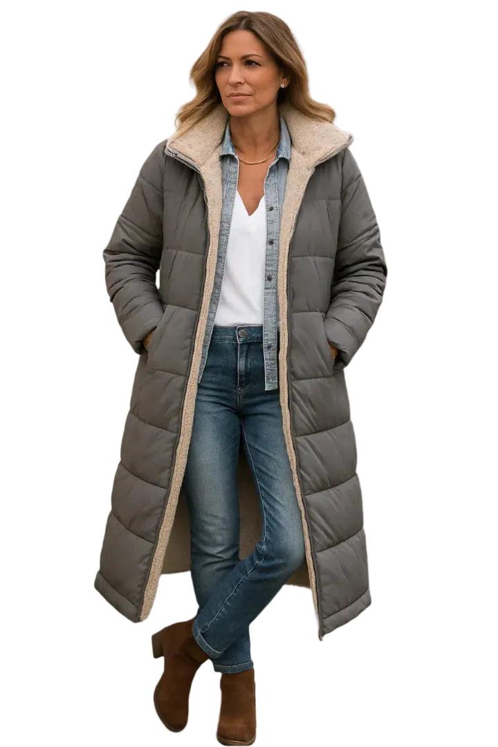 Damen Langer Steppmantel mit Kapuze und Innenfutter-Women Outerwear-Alpenkind