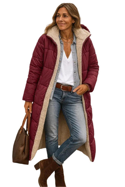 Damen Langer Steppmantel mit Kapuze und Innenfutter-Women Outerwear-Alpenkind