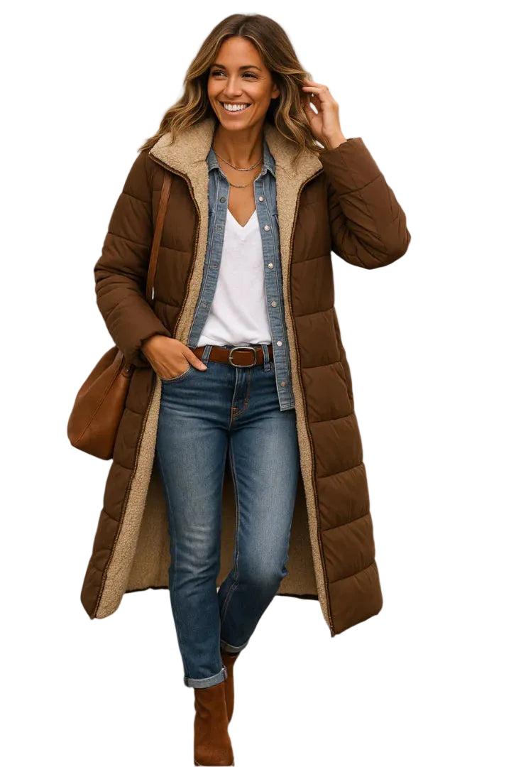 Damen Langer Steppmantel mit Kapuze und Innenfutter-Women Outerwear-Alpenkind
