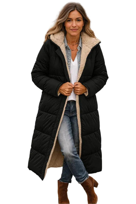 Damen Langer Steppmantel mit Kapuze und Innenfutter-Women Outerwear-Alpenkind