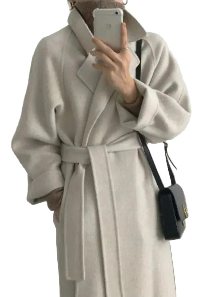 Damen Langer Wickelmantel mit Gürtel und Weiten Ärmeln-Women Outerwear-Alpenkind