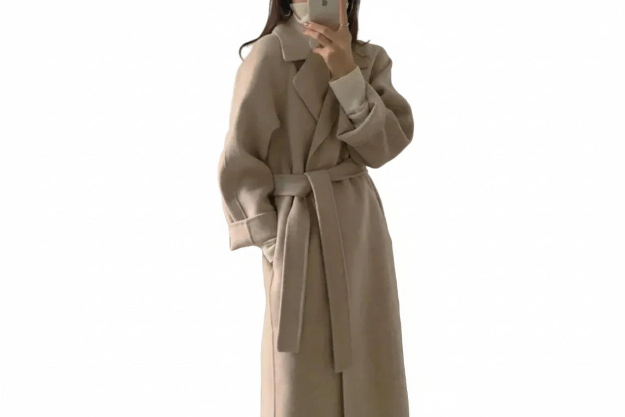 Damen Langer Wickelmantel mit Gürtel und Weiten Ärmeln-Women Outerwear-Alpenkind