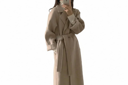 Damen Langer Wickelmantel mit Gürtel und Weiten Ärmeln-Women Outerwear-Alpenkind