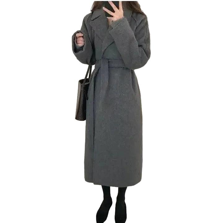 Damen Langer Wickelmantel mit Gürtel und Weiten Ärmeln-Women Outerwear-Alpenkind