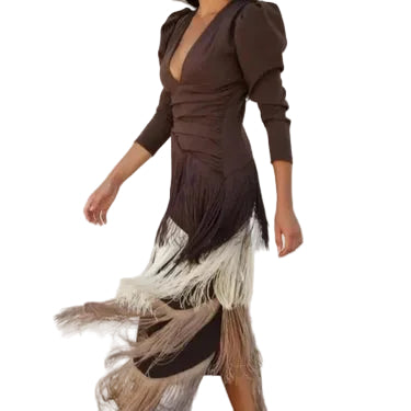 Damen langes Kleid mit V-Ausschnitt und Fransenrock-Maxi Dress-Alpenkind