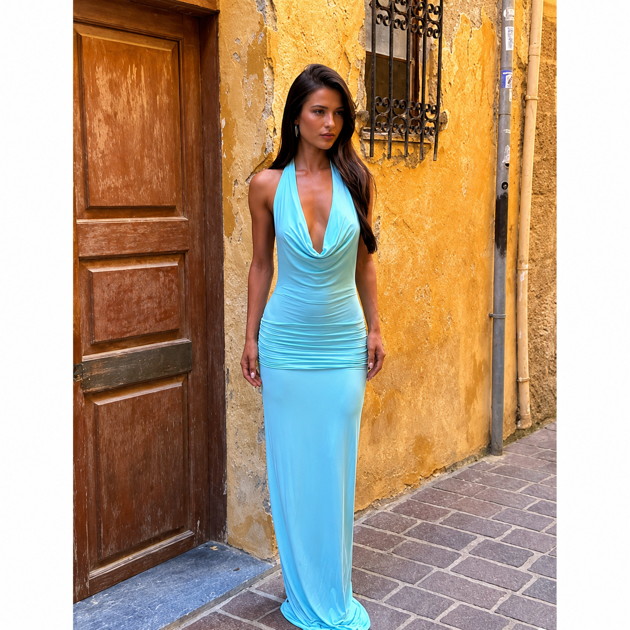 Damen langes Neckholderkleid mit drapiertem Vorderteil und offenem Rücken-Maxi Dress-Alpenkind