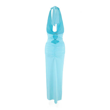 Damen langes Neckholderkleid mit drapiertem Vorderteil und offenem Rücken-Maxi Dress-Alpenkind