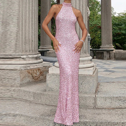Damen langes Neckholderkleid mit Paillettenoberfläche-Maxi Dress-Alpenkind