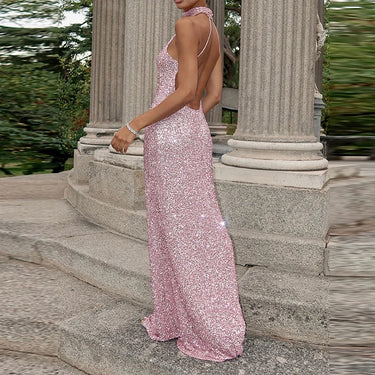 Damen langes Neckholderkleid mit Paillettenoberfläche-Maxi Dress-Alpenkind