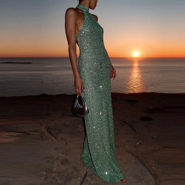 Damen langes Neckholderkleid mit Paillettenoberfläche-Maxi Dress-Alpenkind