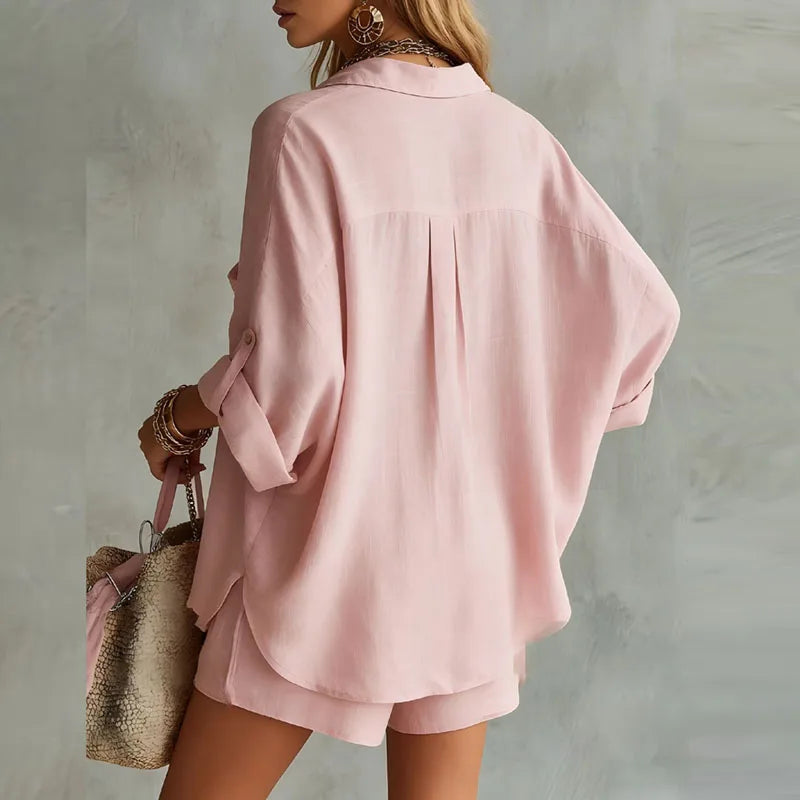 Damen Leinen-Set aus Hemd und Shorts-Sets for women-Alpenkind