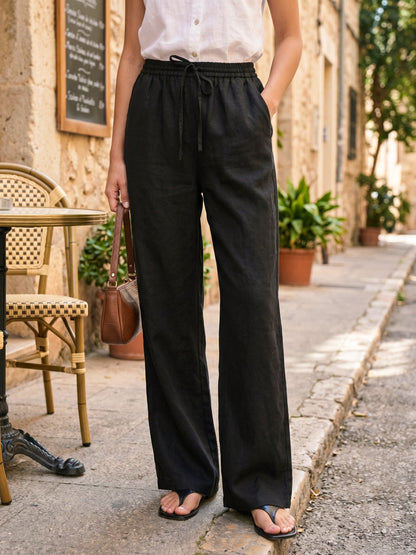 Damen Leinenhose mit weitem Bein und Kordelzug-Pants for Women-Alpenkind