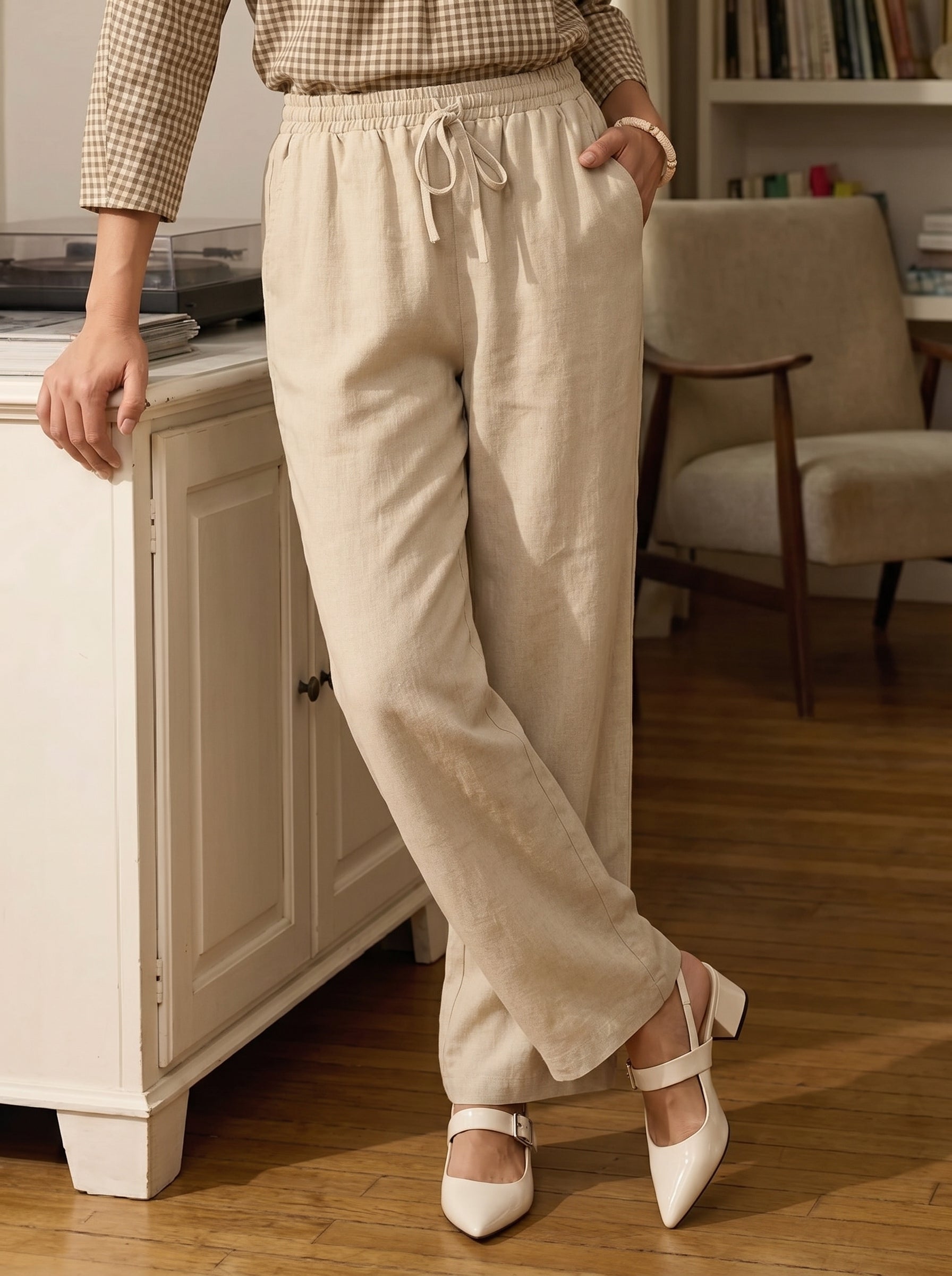 Damen Leinenhose mit weitem Bein und Kordelzug-Pants for Women-Alpenkind