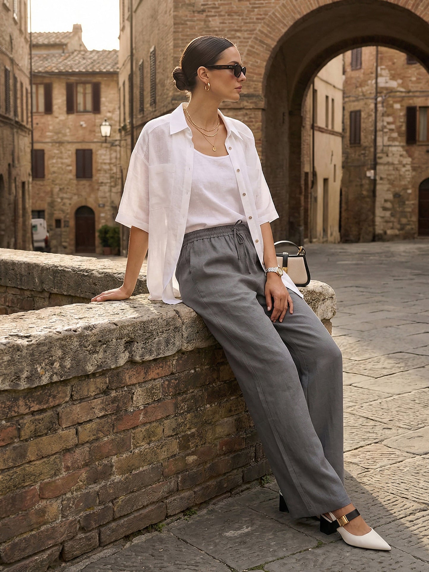 Damen Leinenhose mit weitem Bein und Kordelzug-Pants for Women-Alpenkind
