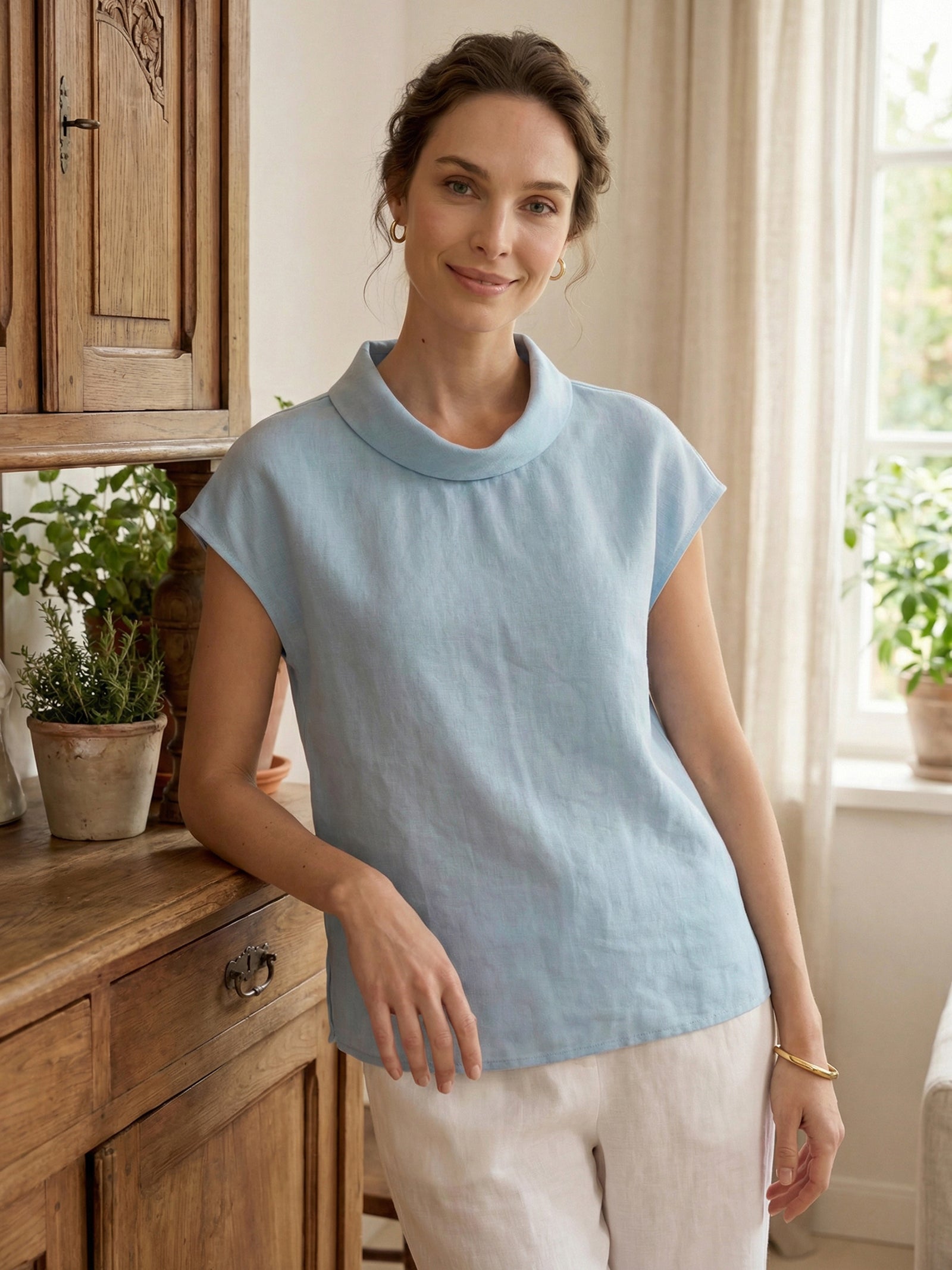 Damen-Leinentop mit Flügelärmeln und Umlegekragen-Tops for women-Alpenkind