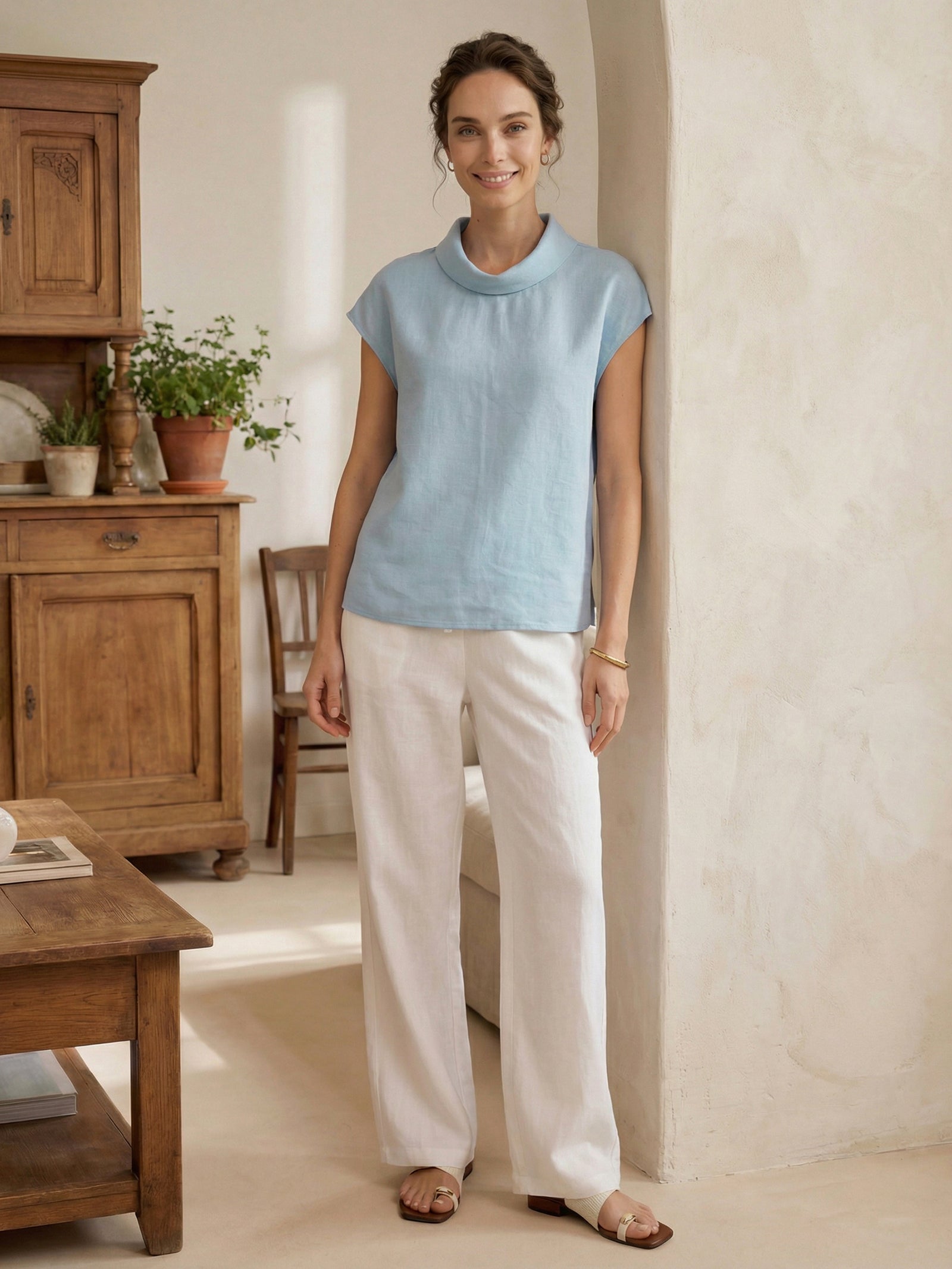 Damen-Leinentop mit Flügelärmeln und Umlegekragen-Tops for women-Alpenkind