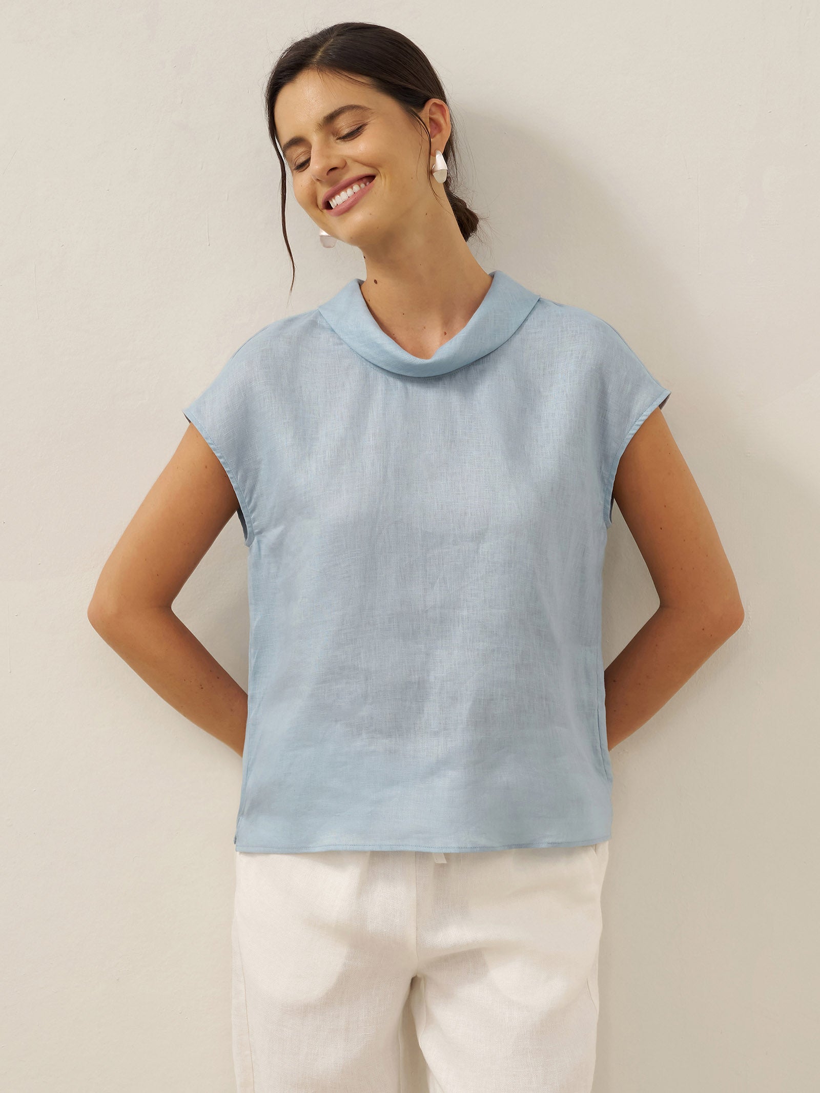 Damen-Leinentop mit Flügelärmeln und Umlegekragen-Tops for women-Alpenkind