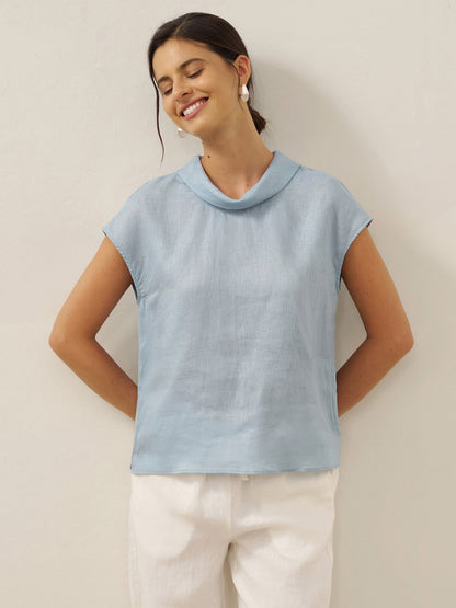 Damen-Leinentop mit Flügelärmeln und Umlegekragen-Tops for women-Alpenkind