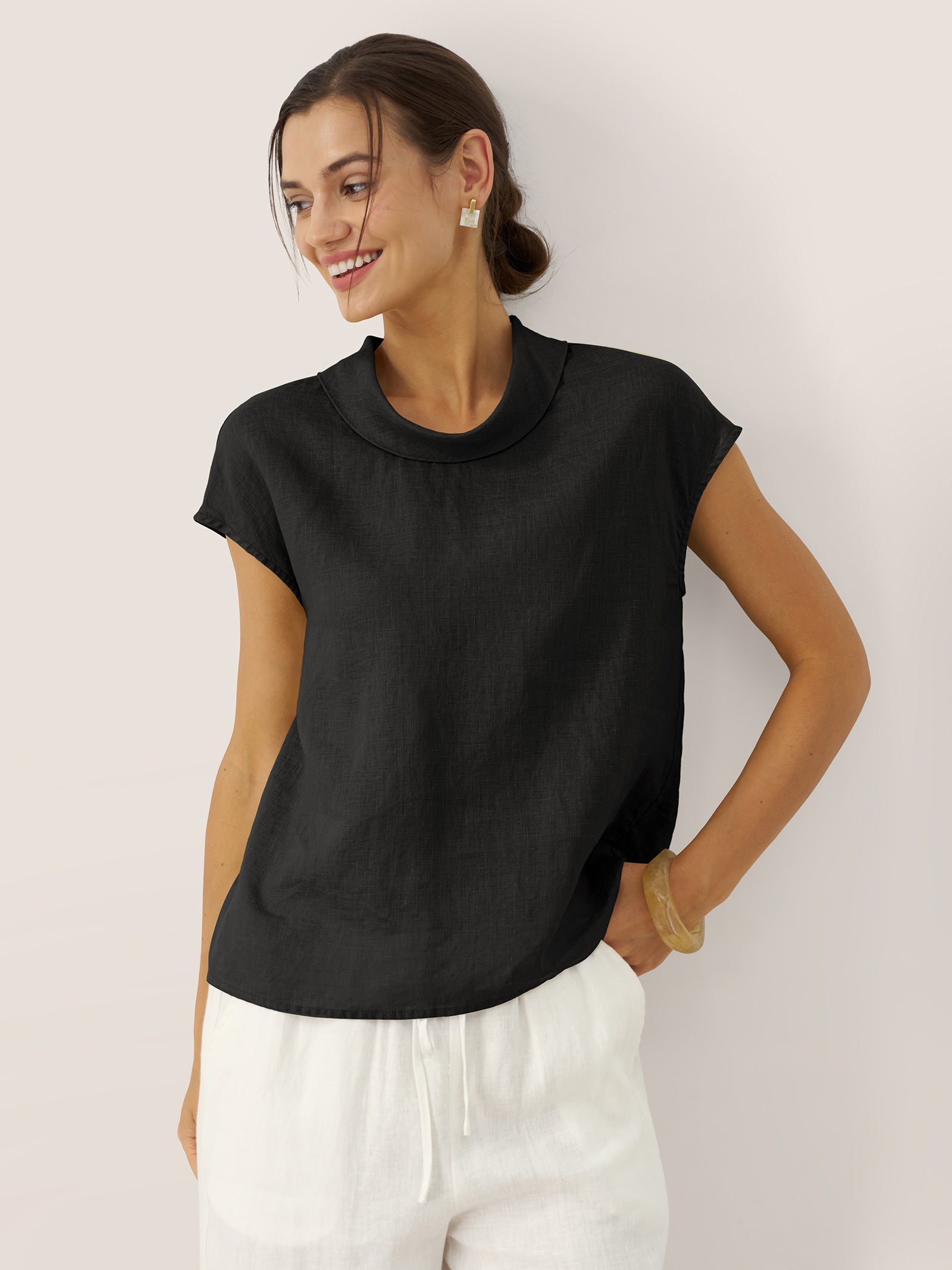 Damen-Leinentop mit Flügelärmeln und Umlegekragen-Tops for women-Alpenkind