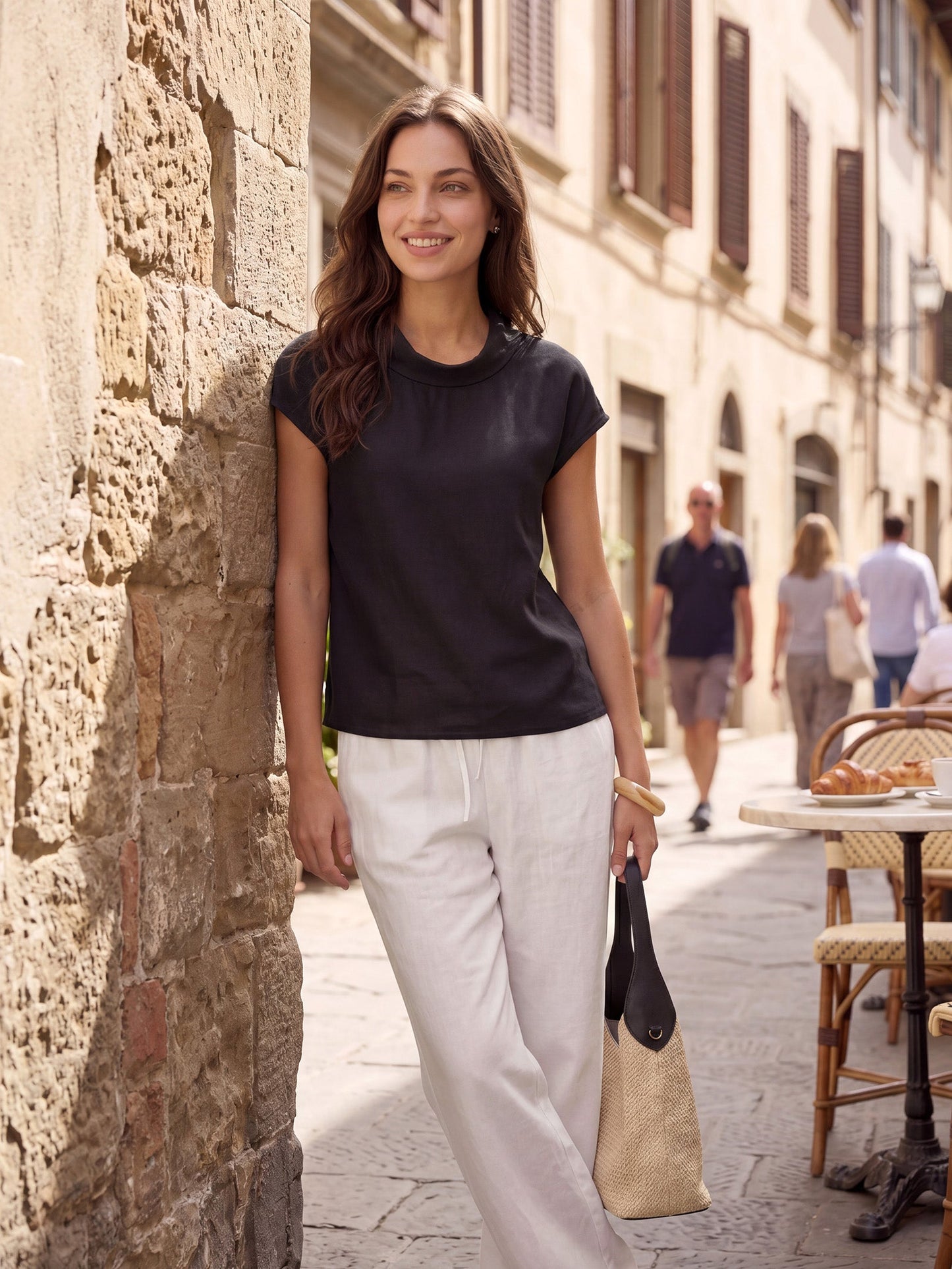 Damen-Leinentop mit Flügelärmeln und Umlegekragen-Tops for women-Alpenkind