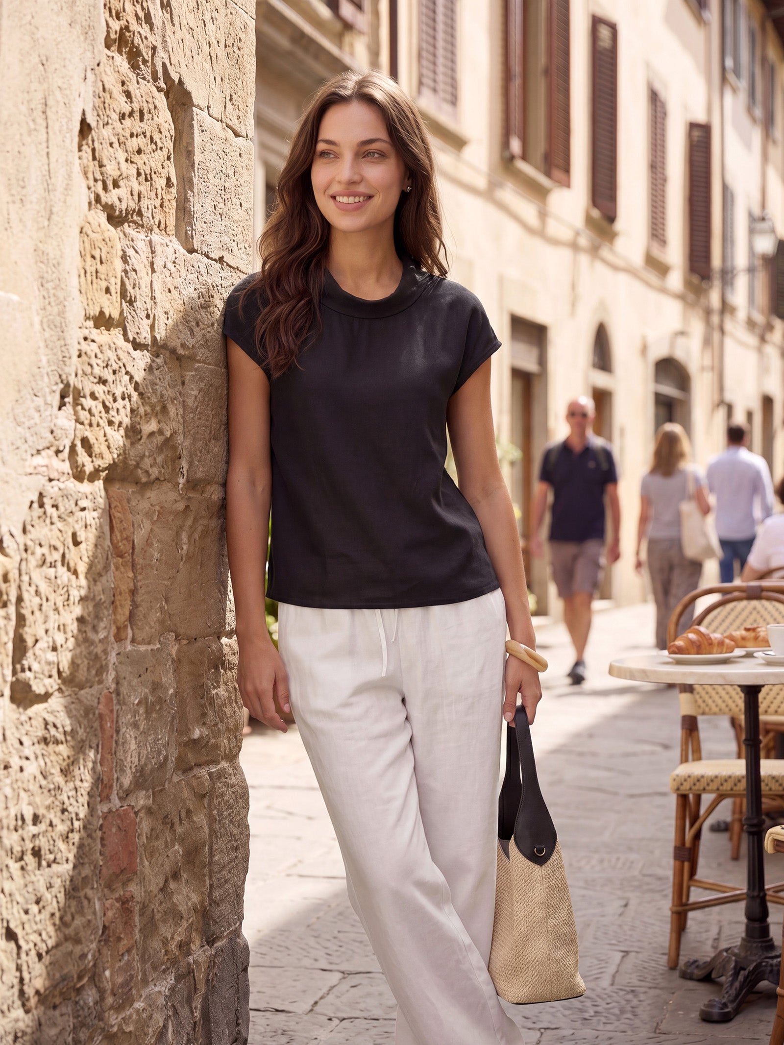 Damen-Leinentop mit Flügelärmeln und Umlegekragen-Tops for women-Alpenkind
